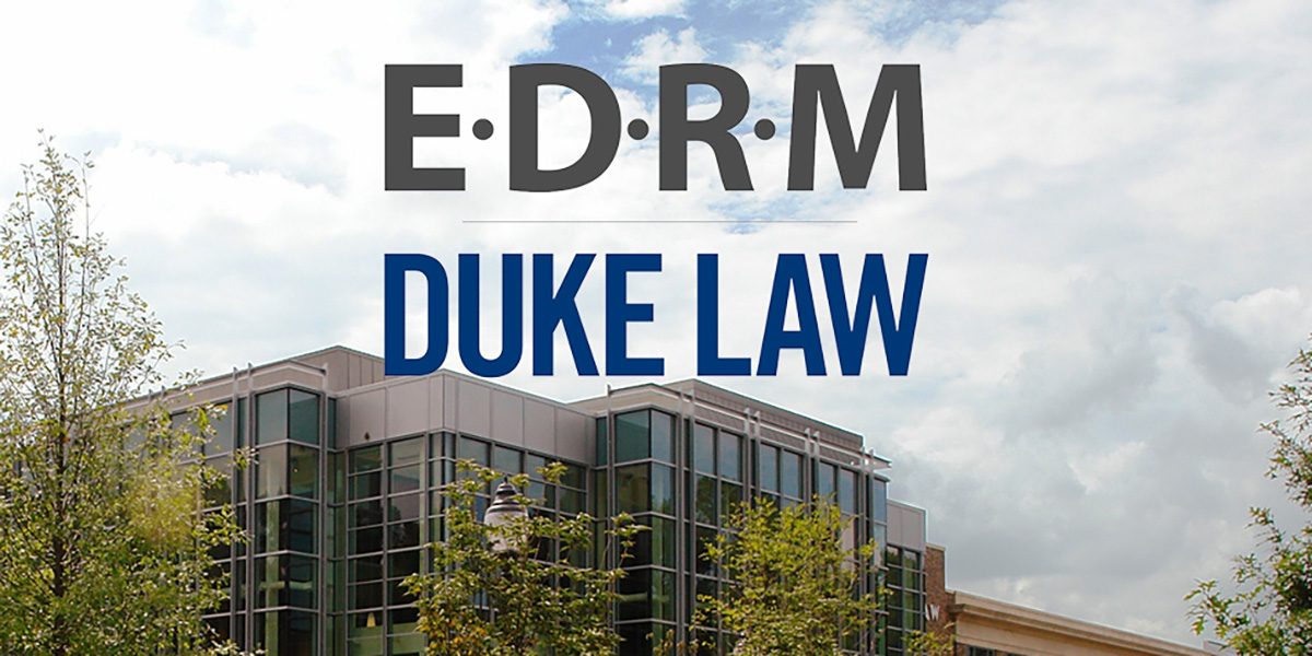 Duke Law School building with the EDRM Duke Law logo overlay