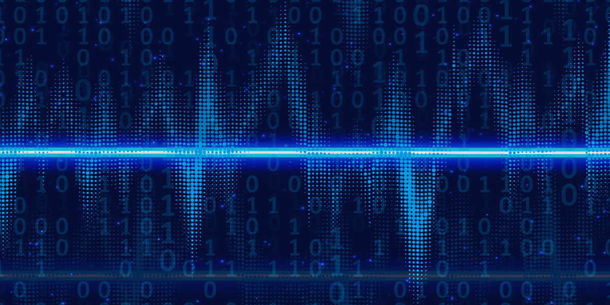 Blue graphics of glowing voice sound waves with binary code overlay