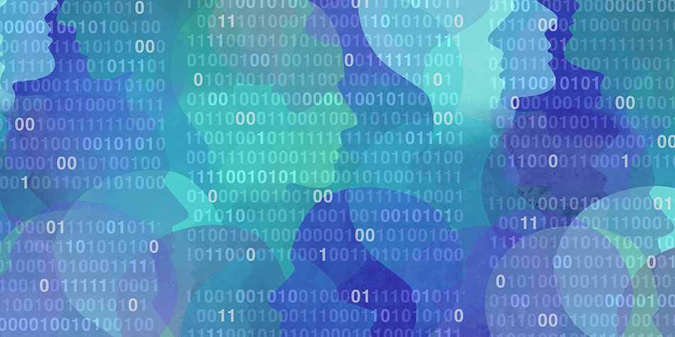 Abstract image of silhouette heads over binary code with blue/green gradients illustrating data privacy, security, and data breach